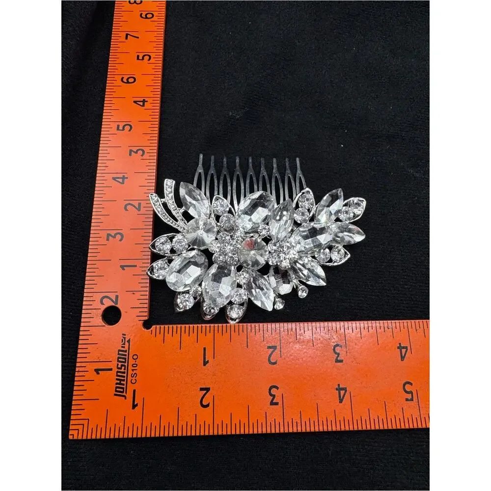 Crystal Rhinestone Bridal Prom Floral Silver Tone Elegant Hair Comb